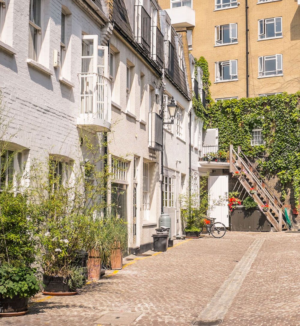 Cobbled mews street with ivy-covered houses